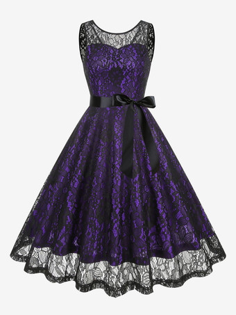 パープル レトロドレス グリーン 1950年代 オードリー ヘプバーン スタイル ツートン サッシュ ノースリーブ Vネック ミディアム ロカビリー ドレス