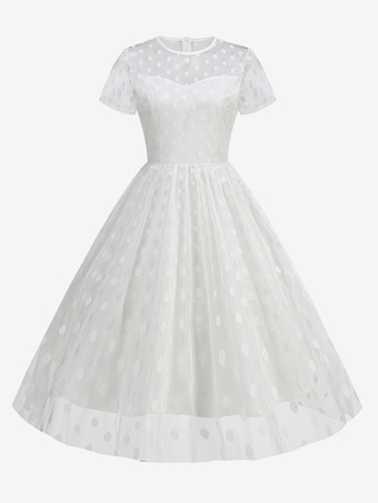 ホワイト レトロドレス ジュエルネック 1950年代 オードリー ヘプバーン スタイル シアー 半袖 ミディアム ホワイト ロカビリー ドレス