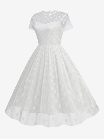 レトロドレス ジュエルネック 1950年代 オードリー ヘプバーン スタイル シアー 半袖 ミディアム ホワイト ロカビリー ドレス