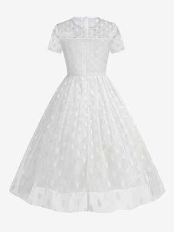 レトロドレス ジュエルネック 1950年代 オードリー ヘプバーン スタイル シアー 半袖 ミディアム ホワイト ロカビリー ドレス