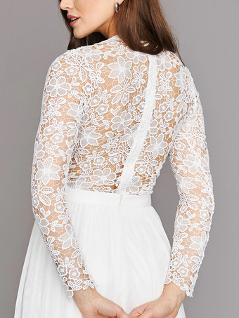 ツーピースウェディングドレス レース ジュエルネック Aライン 足首丈 ジッパー 長袖 アイボリー