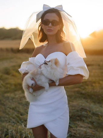 ブライダルミニドレス ショートウェディングドレス ショートバトーネック 半袖 ボールガウン ストレッチクレープ ブライダルガウン