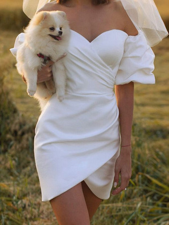 ブライダルミニドレス ショートウェディングドレス ショートバトーネック 半袖 ボールガウン ストレッチクレープ ブライダルガウン