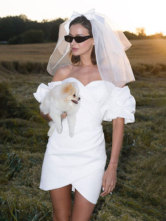 ホワイトブライダルミニドレス ショートウェディングドレス ショートバトーネック 半袖 ボールガウン ストレッチクレープ ブライダルガウン