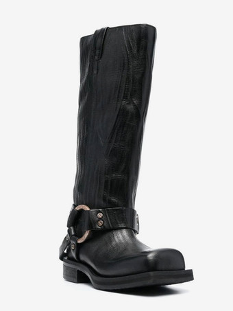 ブラック バイカーブーツ スクエアトゥ バックルディテール ニーハイブーツ