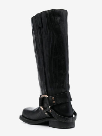 ブラック バイカーブーツ スクエアトゥ バックルディテール ニーハイブーツ