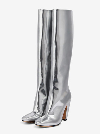 Stivali alti al ginocchio argento Stivali da festa con tacco grosso e punta quadrata metallizzata