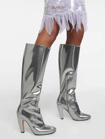 Stivali alti al ginocchio argento Stivali da festa con tacco grosso e punta quadrata metallizzata