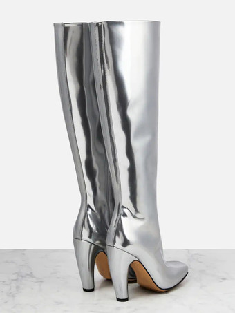 Stivali alti al ginocchio argento Stivali da festa con tacco grosso e punta quadrata metallizzata