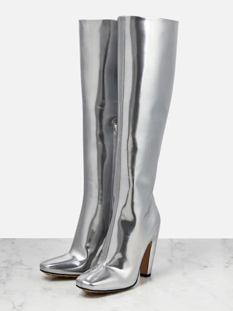 Argento Stivali alti al ginocchio argento Stivali da festa con tacco grosso e punta quadrata metallizzata