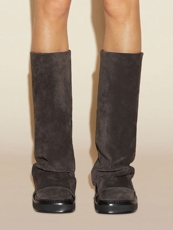 レディース スエード フラットブーツ ラウンドトゥ ルーシュ フォールドオーバー ニーハイブーツ