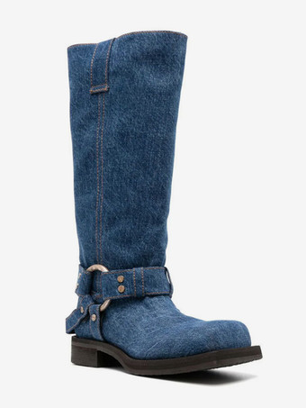 ブラック バイカーブーツ スクエアトゥ バックルディテール ニーハイブーツ