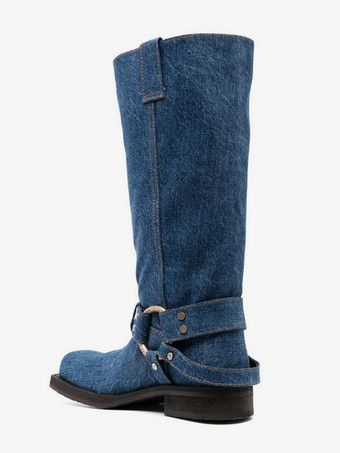 ブラック バイカーブーツ スクエアトゥ バックルディテール ニーハイブーツ