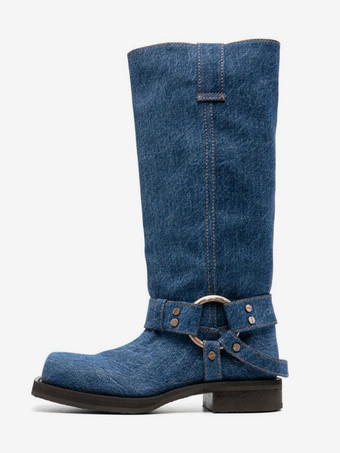 ブルー ブラック バイカーブーツ スクエアトゥ バックルディテール ニーハイブーツ