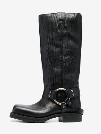 ブラック ブラック バイカーブーツ スクエアトゥ バックルディテール ニーハイブーツ