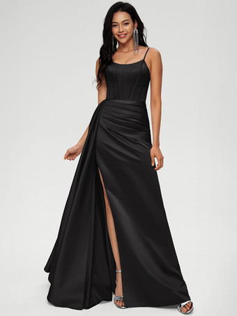 ブラックブライズメイドドレス ボールガウン フロアレングス ジッパー 伸縮性 織り サテン ウェディング パーティードレス