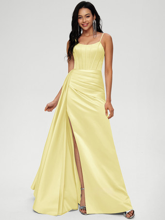 イエローブライズメイドドレス ボールガウン フロアレングス ジッパー 伸縮性 織り サテン ウェディング パーティードレス