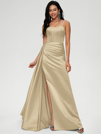 シャンパンブライズメイドドレス ボールガウン フロアレングス ジッパー 伸縮性 織り サテン ウェディング パーティードレス