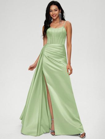 ミントグリーンブライズメイドドレス ボールガウン フロアレングス ジッパー 伸縮性 織り サテン ウェディング パーティードレス