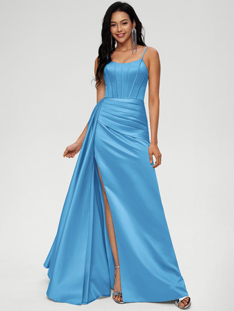 ブルーブライズメイドドレス ボールガウン フロアレングス ジッパー 伸縮性 織り サテン ウェディング パーティードレス