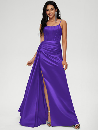 プラムブライズメイドドレス ボールガウン フロアレングス ジッパー 伸縮性 織り サテン ウェディング パーティードレス