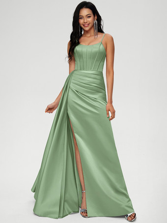 グリーン ブライズメイドドレス ボールガウン フロアレングス ジッパー 伸縮性 織り サテン ウェディング パーティードレス