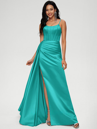 ターコイズグリーンブライズメイドドレス ボールガウン フロアレングス ジッパー 伸縮性 織り サテン ウェディング パーティードレス