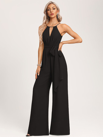 ブラックブライズメイドドレス ジャンプスーツ フロアレングス ジッパー シフォン ウェディング パーティードレス