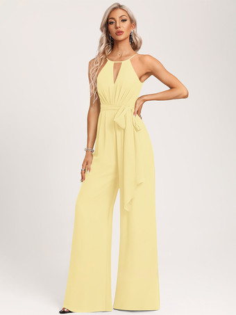 イエローブライズメイドドレス ジャンプスーツ フロアレングス ジッパー シフォン ウェディング パーティードレス