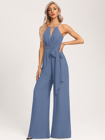 スチールブルーブライズメイドドレス ジャンプスーツ フロアレングス ジッパー シフォン ウェディング パーティードレス