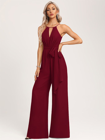 エンバーレッドブライズメイドドレス ジャンプスーツ フロアレングス ジッパー シフォン ウェディング パーティードレス