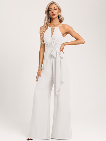 アイボリーブライズメイドドレス ジャンプスーツ フロアレングス ジッパー シフォン ウェディング パーティードレス