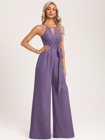 ラベンダーブライズメイドドレス ジャンプスーツ フロアレングス ジッパー シフォン ウェディング パーティードレス