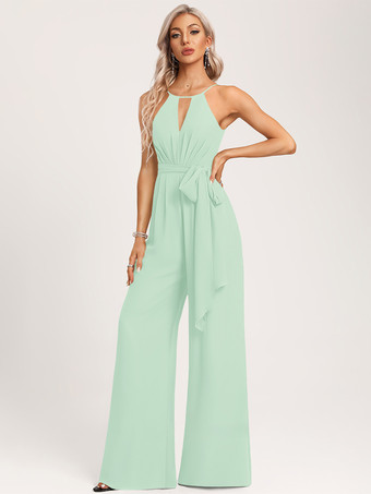 ミントグリーンブライズメイドドレス ジャンプスーツ フロアレングス ジッパー シフォン ウェディング パーティードレス
