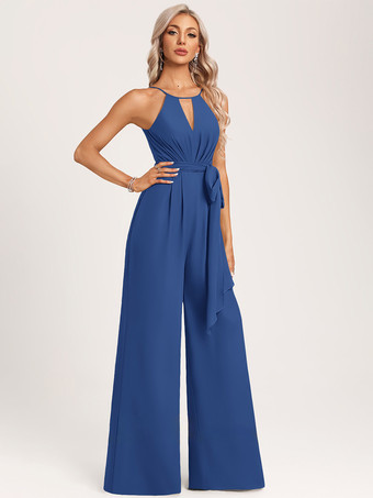 ブルーブライズメイドドレス ジャンプスーツ フロアレングス ジッパー シフォン ウェディング パーティードレス