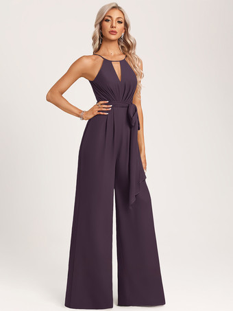 プラムブライズメイドドレス ジャンプスーツ フロアレングス ジッパー シフォン ウェディング パーティードレス