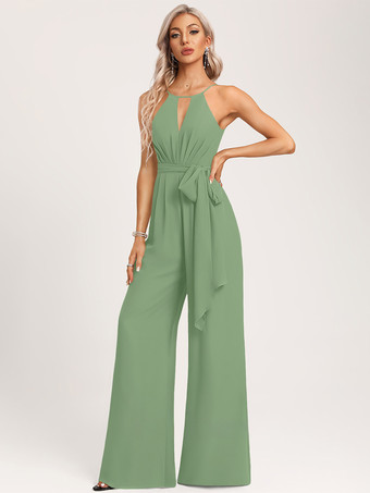 グリーン ブライズメイドドレス ジャンプスーツ フロアレングス ジッパー シフォン ウェディング パーティードレス