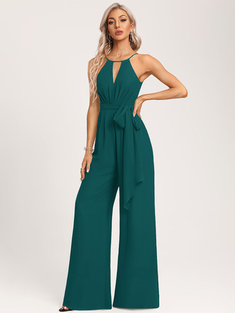 ターコイズグリーンブライズメイドドレス ジャンプスーツ フロアレングス ジッパー シフォン ウェディング パーティードレス