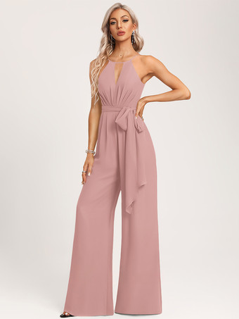 ピンクブライズメイドドレス ジャンプスーツ フロアレングス ジッパー シフォン ウェディング パーティードレス