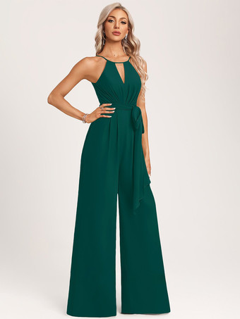エメラルド ブライズメイドドレス ジャンプスーツ フロアレングス ジッパー シフォン ウェディング パーティードレス