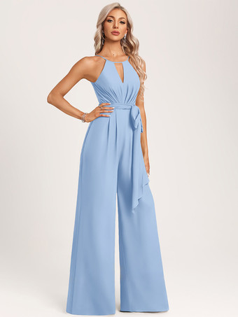 スカイブルー ブライズメイドドレス ジャンプスーツ フロアレングス ジッパー シフォン ウェディング パーティードレス