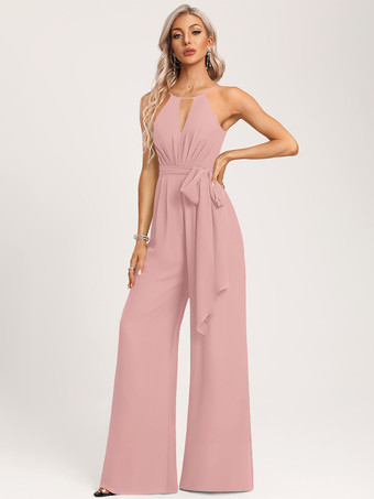 ソフトピンクブライズメイドドレス ジャンプスーツ フロアレングス ジッパー シフォン ウェディング パーティードレス