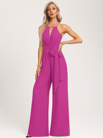 マゼンタブライズメイドドレス ジャンプスーツ フロアレングス ジッパー シフォン ウェディング パーティードレス
