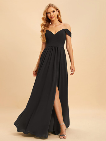 ブラックブライズメイドドレス シフォン ボールガウン フロアレングス ウェディング パーティードレス