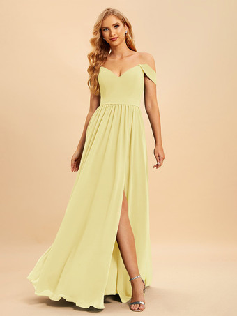 イエローブライズメイドドレス シフォン ボールガウン フロアレングス ウェディング パーティードレス