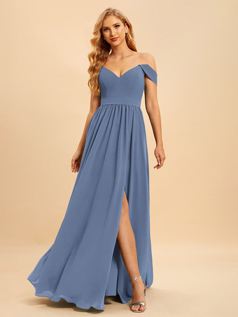 スチールブルーブライズメイドドレス シフォン ボールガウン フロアレングス ウェディング パーティードレス