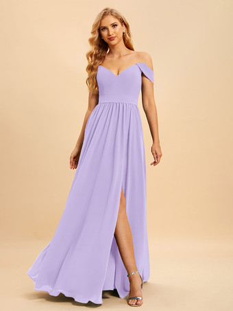 ラベンダーブライズメイドドレス シフォン ボールガウン フロアレングス ウェディング パーティードレス