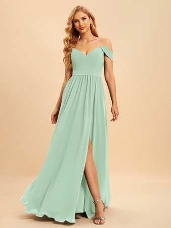 ミントグリーンブライズメイドドレス シフォン ボールガウン フロアレングス ウェディング パーティードレス