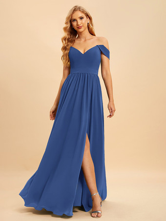 ブルーブライズメイドドレス シフォン ボールガウン フロアレングス ウェディング パーティードレス