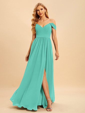 ターコイズグリーンブライズメイドドレス シフォン ボールガウン フロアレングス ウェディング パーティードレス